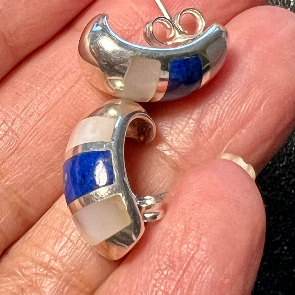 Mother of pearl/blue lapiz sterling silver earrings CNA 925 Thailand - Picture 5 of 7